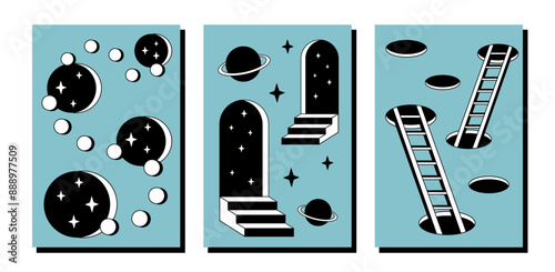 Surrealism posters set. Surreal abstract posters. Surrealism cards set.