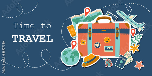 Travel collage. Summer vacation banner. Summer and travel concept. Travel banner with stickers. Summer travel destinations.