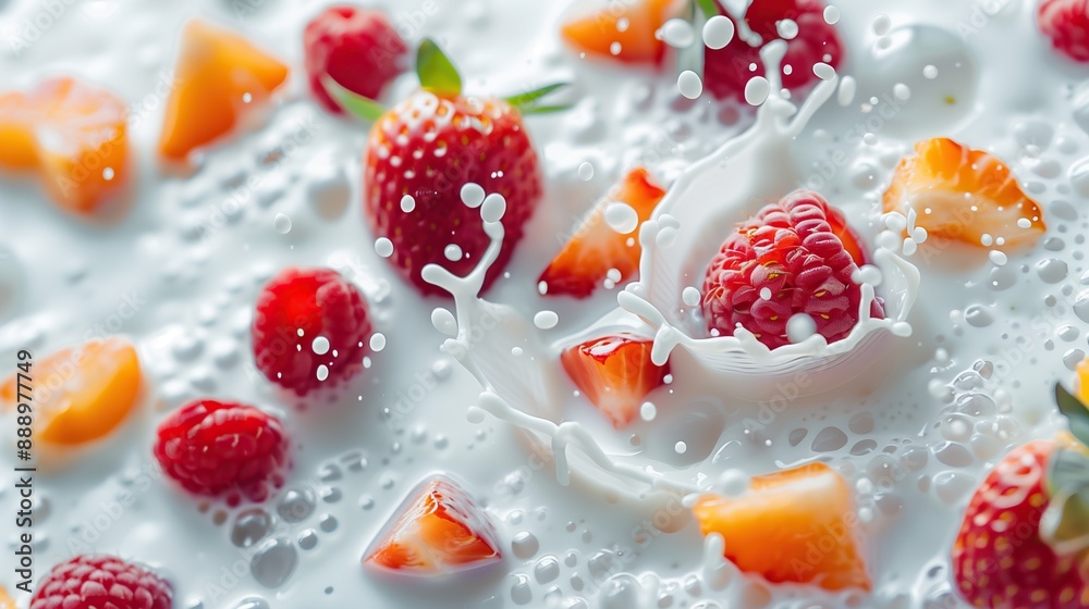 A dynamic splash of milk mixed with fresh berries, capturing the essence of a delicious dessert. Perfect for illustrating creamy, organic beverages with a splash of sweetness and vibrant color. A dynamic splash of milk mixed with fresh berries, capturing the essence of a delicious dessert. Perfect for illustrating creamy, organic beverages with a splash of sweetness and vibrant color.