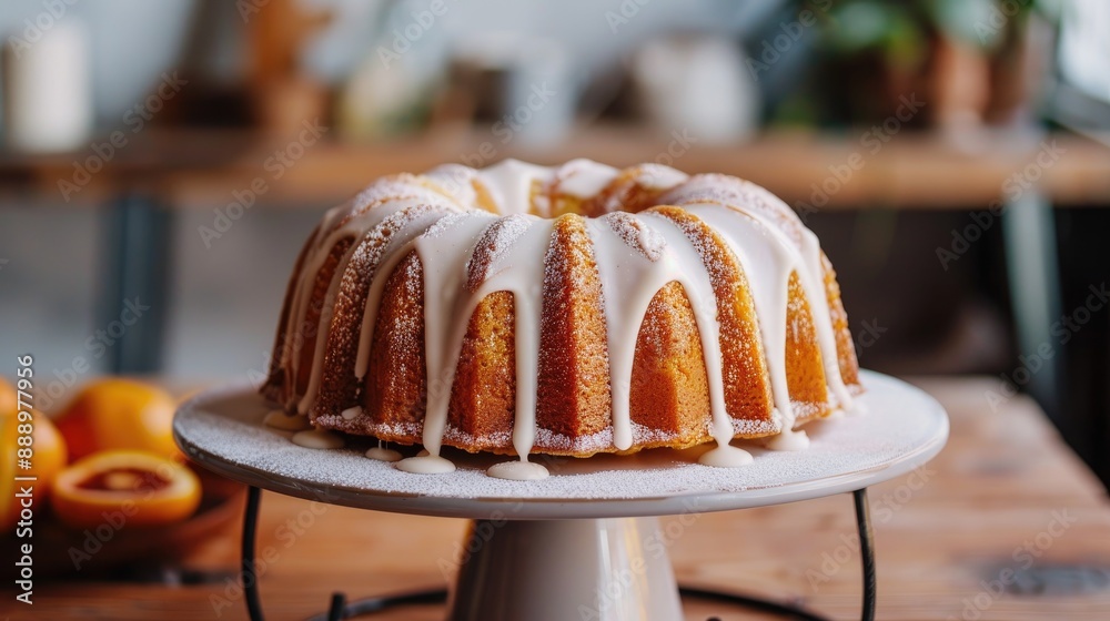Vanilla bundt cake with powder sugar glaze dripping on a cake stand Vanilla bundt cake with powder sugar glaze dripping on a cake stand
