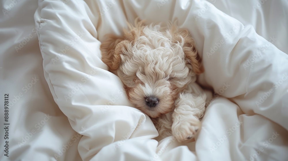 Newborn Toy Poodle puppy sleeps under white blanket on a bed at home Top down view Newborn Toy Poodle puppy sleeps under white blanket on a bed at home Top down view