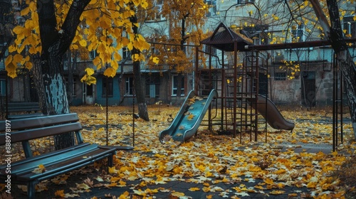 An old children s playground with metal elements in the Soviet Courtyard strewn with fallen yellow leaves two slides a swing a bench photo