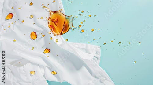 Drops of cocktail spilled on a white shirt Cleaning concept isolated on blue background top view High quality photo photo