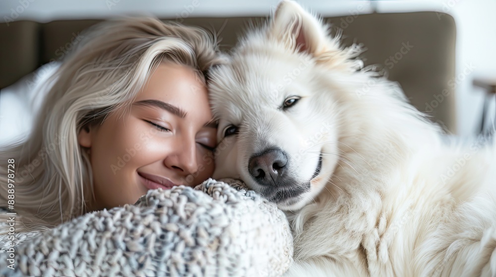 Young and Happy Woman with Her Samoyed Dog Relaxing on Sofa During Daytime Young and Happy Woman with Her Samoyed Dog Relaxing on Sofa During Daytime