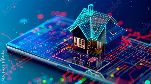 Creating a smart home system concept. Establishing an IoT mobile app. Designing a programming script to operate IoT systems. IoT devices interconnected within a household network photo