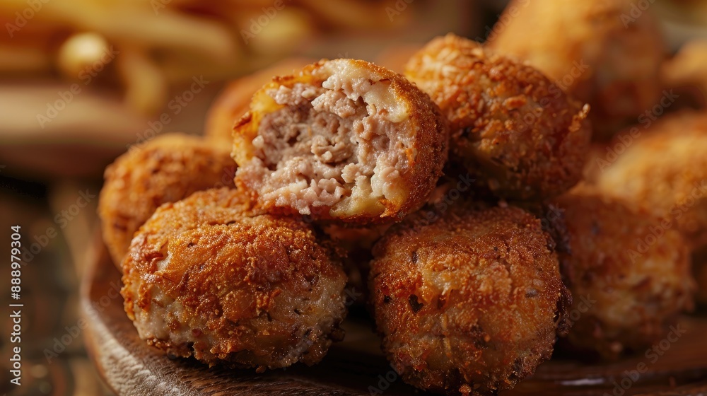 Dutch fast food deep fried croquettes filled with ground beef meat served on bread close up Dutch fast food deep fried croquettes filled with ground beef meat served on bread close up