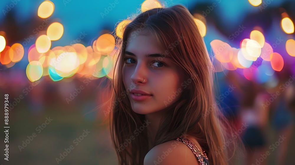 Beautiful young woman at a summer festival, looking at camera, simple, minimalist, and colorful, pastel-colored festival lights Beautiful young woman at a summer festival, looking at camera, simple, minimalist, and colorful, pastel-colored festival lights