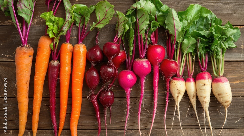 Mixed root vegetables: carrots, beets, and radishes