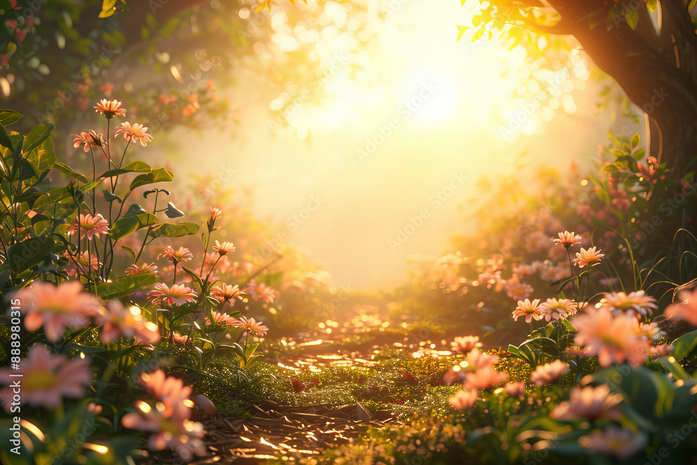 Vibrant Blossoming Garden Pathway at Sunrise with Beautiful Floral Display, Tranquil Landscape, and Colorful Flowers in a Peaceful Garden Setting Vibrant Blossoming Garden Pathway at Sunrise with Beautiful Floral Display, Tranquil Landscape, and Colorful Flowers in a Peaceful Garden Setting