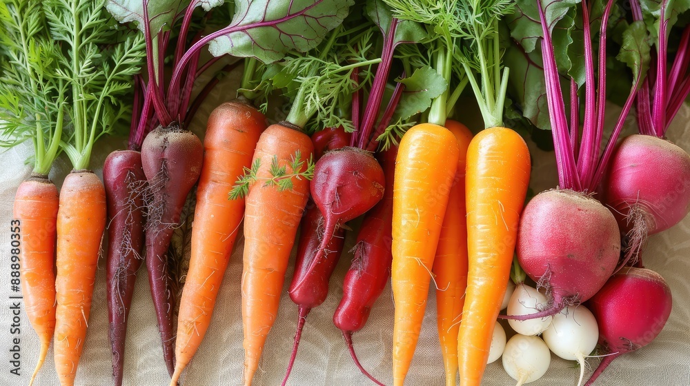 Mixed root vegetables: carrots, beets, and radishes Mixed root vegetables: carrots, beets, and radishes