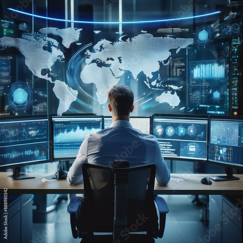 Ein futuristisches Bild eines männlichen IT-Spezialisten, der in einem modernen Büro vor mehreren Computermonitoren sitzt. Holografische Daten und Grafiken sind um ihn herum projiziert photo