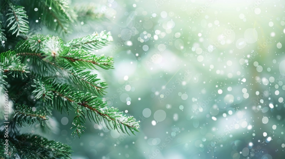 Green Christmas Tree Branch with Falling Snow and New Year's Lights for Festive Holiday Decor Green Christmas Tree Branch with Falling Snow and New Year's Lights for Festive Holiday Decor