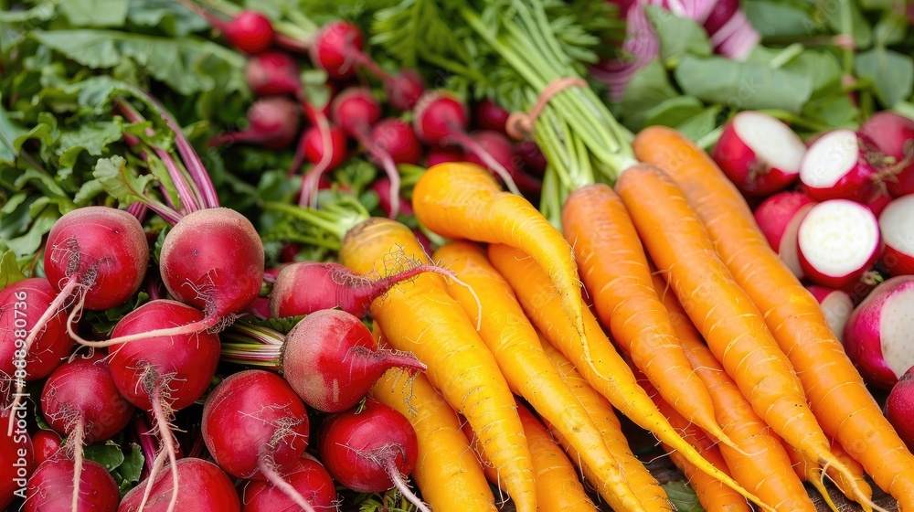 Mixed root vegetables: carrots, beets, and radishes Mixed root vegetables: carrots, beets, and radishes