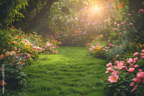 Vibrant Blossoming Garden Pathway at Sunrise with Beautiful Floral Display, Tranquil Landscape, and Colorful Flowers in a Peaceful Garden Setting