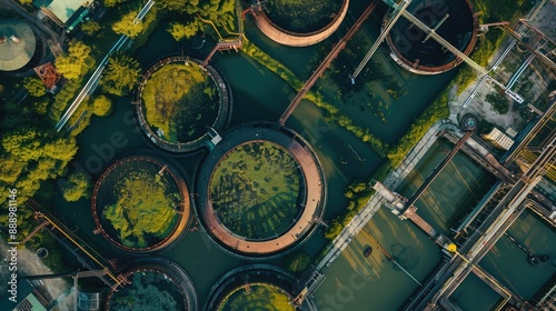 Aerial view directly above the large biofuel storage tanks holding huge amounts of biomass for renewable and sustainable energy photo