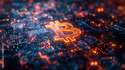 Digital Bitcoin Icon on Circuit Board Representing Cryptocurrency Technology photo