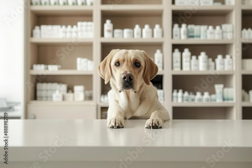 Cute Labrador dog standing at a counter in a veterinary pharmacy with shelves of products in the background.