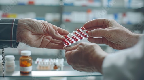 The pharmacist handing pills photo