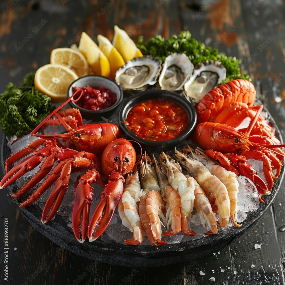 Lavish seafood feast with lobster, oysters, and crab, served on ice with lemon wedges and sauces, opulent and indulgent display Lavish seafood feast with lobster, oysters, and crab, served on ice with lemon wedges and sauces, opulent and indulgent display
