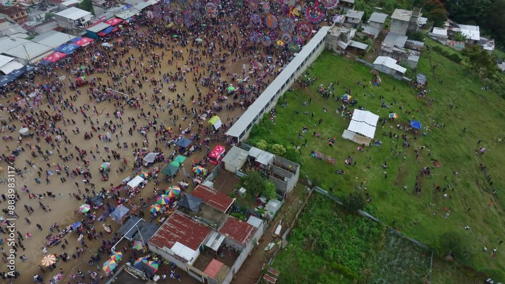 Aerial view of crowded kite festival in Sumpango, Sacatepequez, Guatemala.