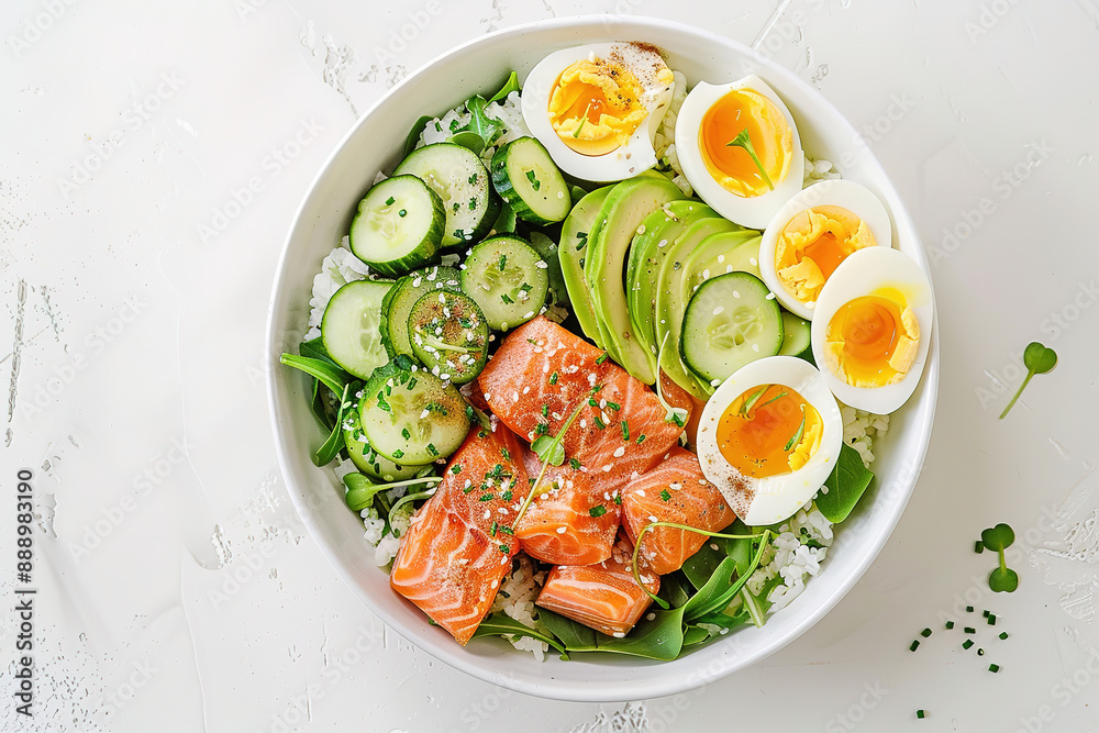 Ketogenic diet breakfast. Salt salmon salad with greens, cucumbers, eggs and avocado. on plain white kitchen counter background. Keto/paleo lunch. Top view Ketogenic diet breakfast. Salt salmon salad with greens, cucumbers, eggs and avocado. on plain white kitchen counter background. Keto/paleo lunch. Top view