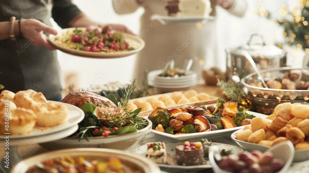 Lavish buffet table full of delicious food and holiday dishes prepared for Christmas dinner party or Thanksgiving celebration with family and friends