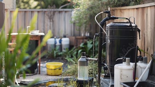 Backyard black water filter system with hose and faucet for purifying water from the greywater tank, promoting sustainable water management in homes. photo