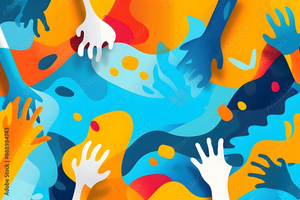 Abstract illustration of colorful hands reaching amid vibrant, overlapping shapes. Abstract illustration of colorful hands reaching amid vibrant, overlapping shapes.