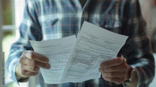 Focused senior man analyzing detailed financial report document with concentrated expression, sitting indoors at home closeup