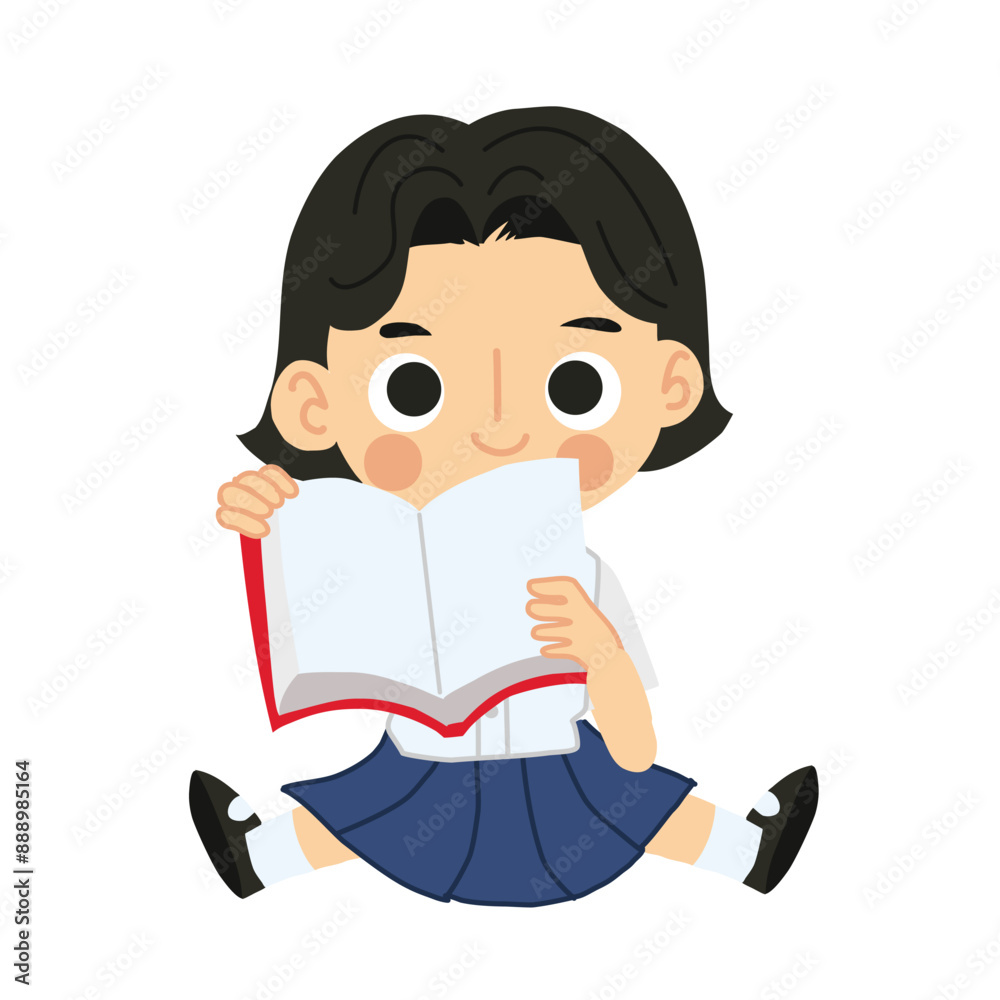 Learning and Study Concept. Adorable Thai Student Cartoon Sitting and Reading Book. Learning and Study Concept. Adorable Thai Student Cartoon Sitting and Reading Book.