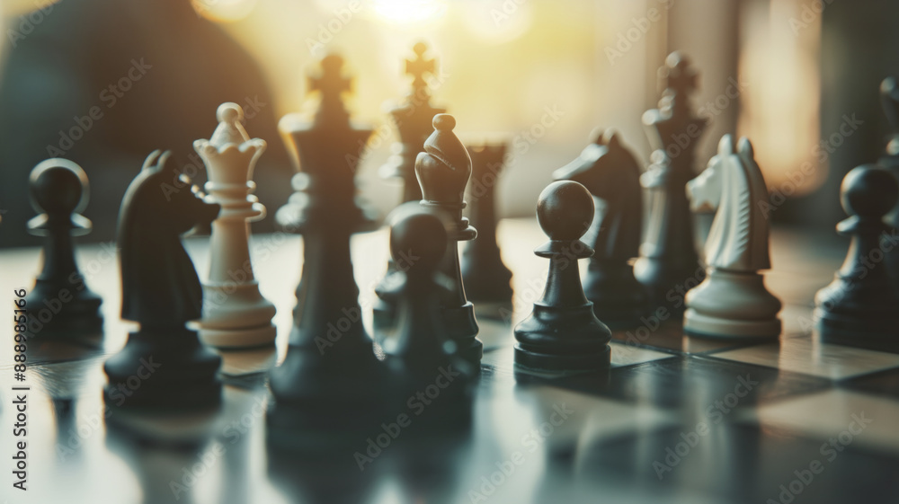 Close up of chessboard with black and white chess pieces in strategic arrangement. Sunlight filters through window creating dramatic shadows and highlighting game pieces Close up of chessboard with black and white chess pieces in strategic arrangement. Sunlight filters through window creating dramatic shadows and highlighting game pieces