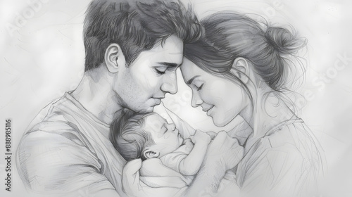 Family: Mom, Dad, and Newborn Pencil Sketch