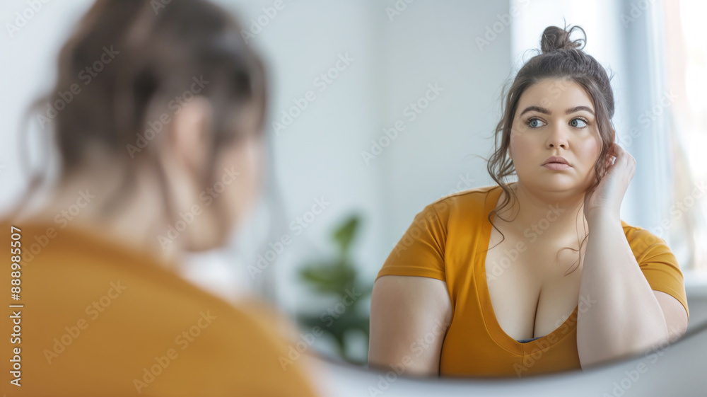 Woman in yellow top looking at herself in mirror with thoughtful expression. Her hair is tied up in bun and she appears to be in bright room, reflecting on herself Woman in yellow top looking at herself in mirror with thoughtful expression. Her hair is tied up in bun and she appears to be in bright room, reflecting on herself