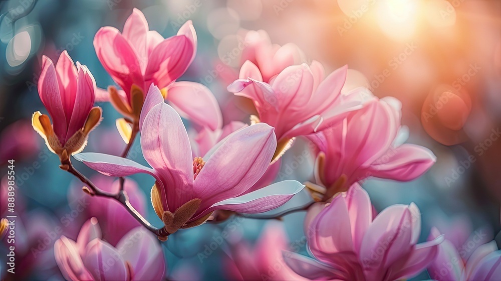 Fototapeta premium Pink magnolia flowers blooming in spring garden