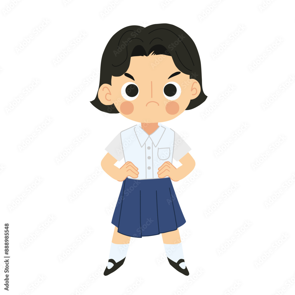 Cute Cartoon of Frustrated Thai Student Girl, Angry Emotion, Education Concept.