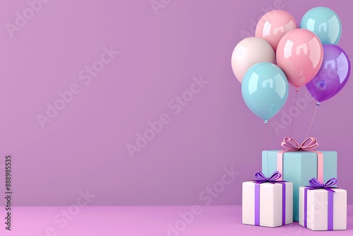 Colorful Balloons and Presents on a Purple Background