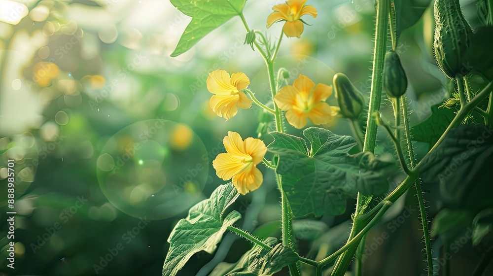Cucumber flowers and cucumbers in greenhouse Natural Soft focus Cucumber flowers and cucumbers in greenhouse Natural Soft focus