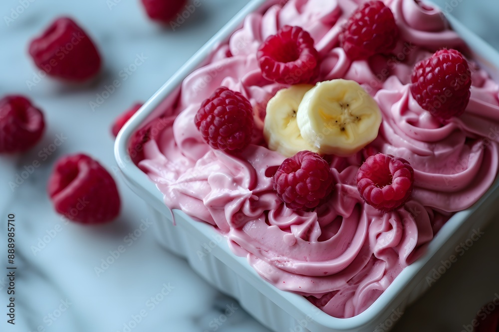 Delicious Raspberry Banana Whipped Cream Dessert for Summer Celebrations Stock for Food Magazines, Menus, Cards Delicious Raspberry Banana Whipped Cream Dessert for Summer Celebrations Stock for Food Magazines, Menus, Cards