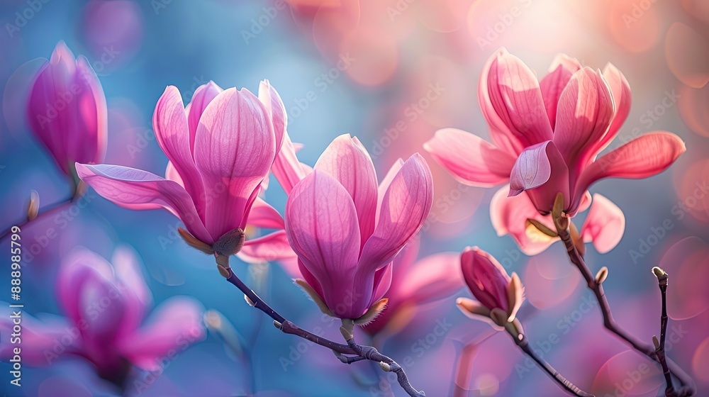 Pink magnolia flowers blooming in spring garden Pink magnolia flowers blooming in spring garden