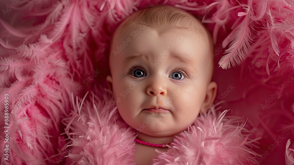 A baby girl with a funny expression on her face she is wearing her pink feathered boa A baby girl with a funny expression on her face she is wearing her pink feathered boa