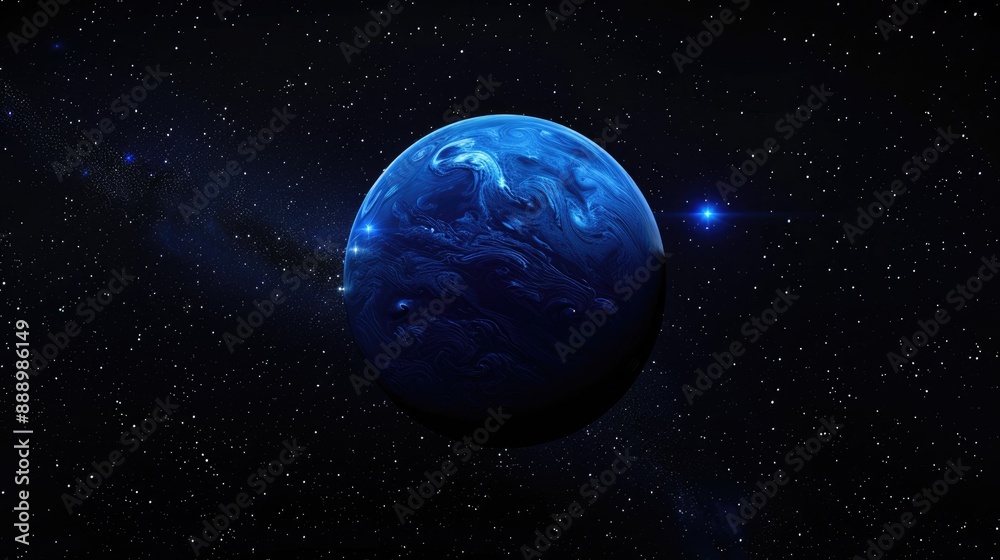 The planet Neptune is dark blue with small stars around it The planet Neptune is dark blue with small stars around it