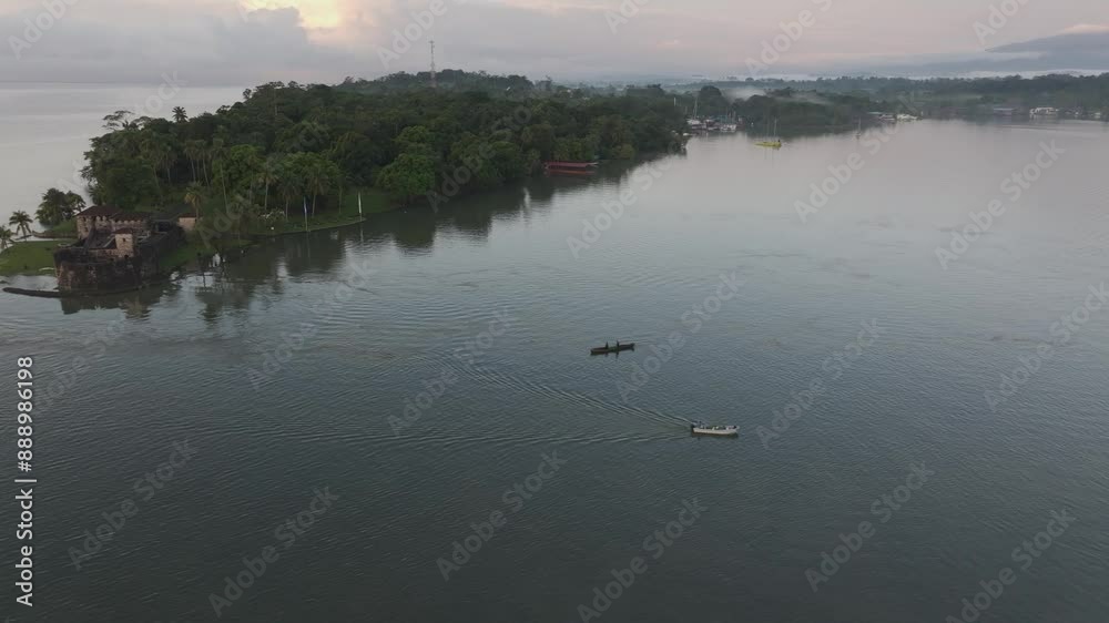 Aerial view of Castillo de San Felipe and Lake with ancient fortress and tranquil island, Rio Dulce, Guatemala. Aerial view of Castillo de San Felipe and Lake with ancient fortress and tranquil island, Rio Dulce, Guatemala.