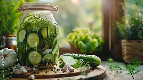 Glass jar with fresh cucumbers herbs garlic and dill on wooden board Cooking pickle cucumbers for home conservation photo