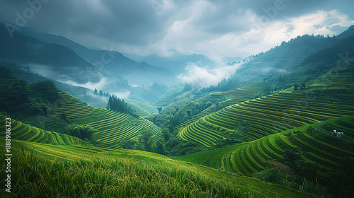 terraced rice fields in Longsheng, with pandas wandering through the fields as the background, 