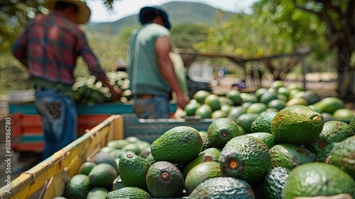 Farmers loading the truck with full hass avocado s boxes Harvest Season Close up