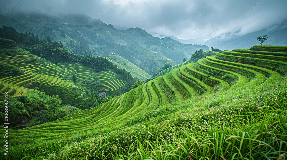 terraced rice fields in Longsheng, with pandas wandering through the fields as the background, terraced rice fields in Longsheng, with pandas wandering through the fields as the background,