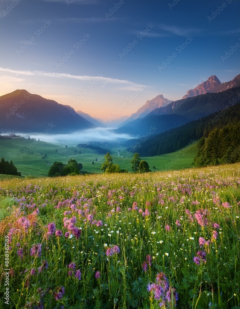 Obraz premium üppige grüne Landschaft bei Sonnenaufgang. Im Vordergrund befindet sich eine blühende Blumenwiese, während sich im Hintergrund majestätische Berge unter einem klaren, blauen Himmel erheben. Nebel