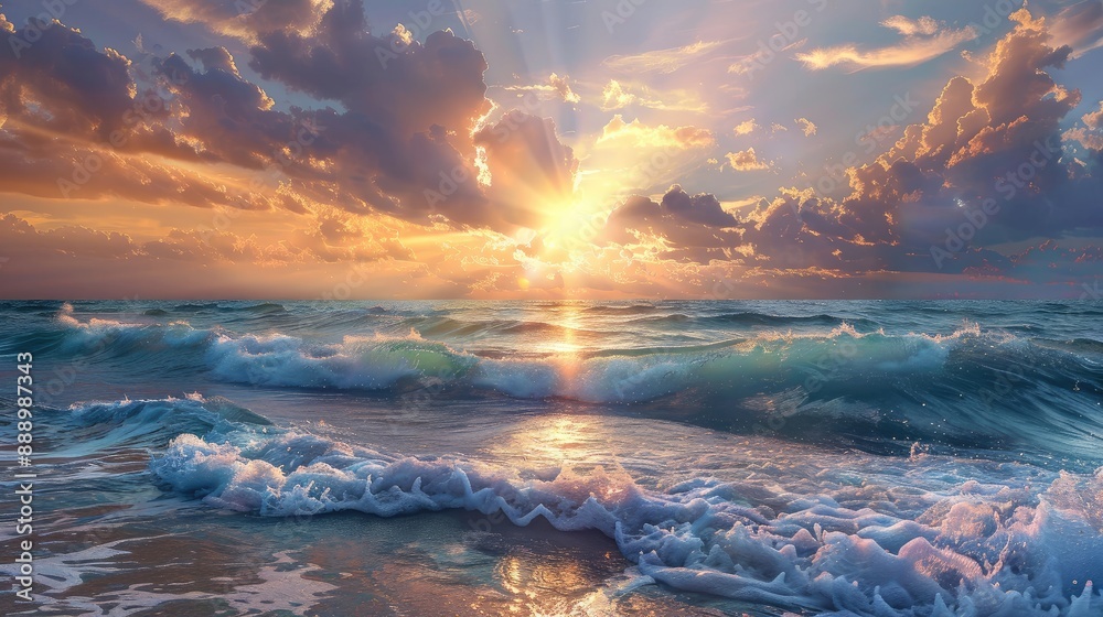 Naklejka premium Radiant sunlight dappling on ocean waves