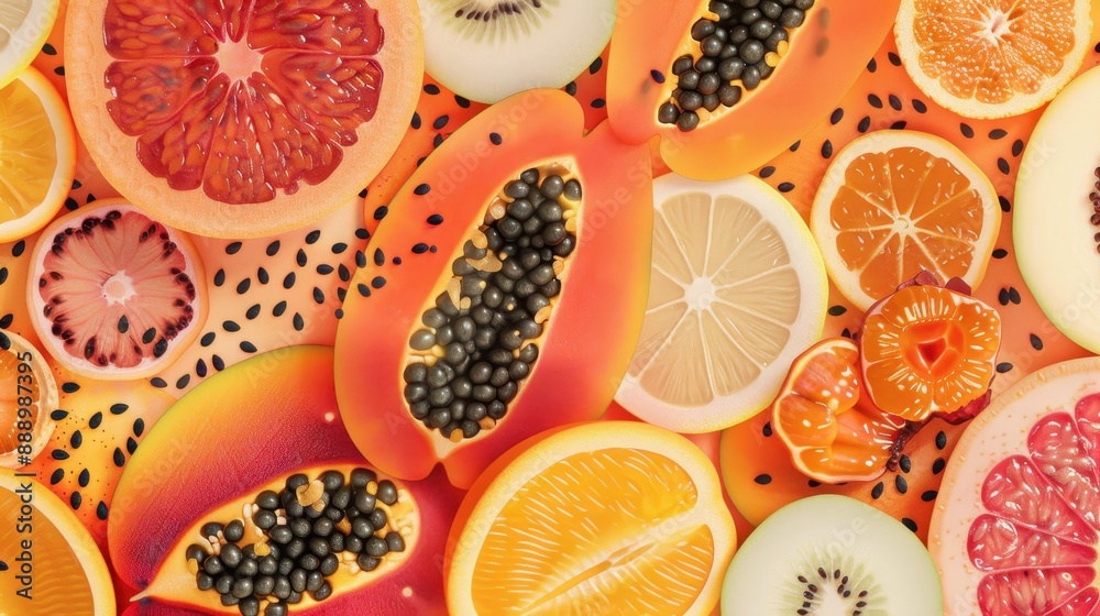 A fruit salad with oranges, kiwi, and pineapple. The pineapple is cut in half and the kiwi is sliced A fruit salad with oranges, kiwi, and pineapple. The pineapple is cut in half and the kiwi is sliced