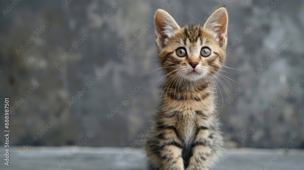Fototapeta premium Striped brown kitten on gray backdrop